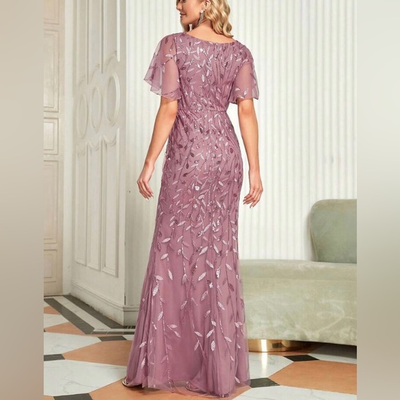 Luxe floral embroidered mesh sequins party formal prom wedding gown dress - Picture 2 of 8